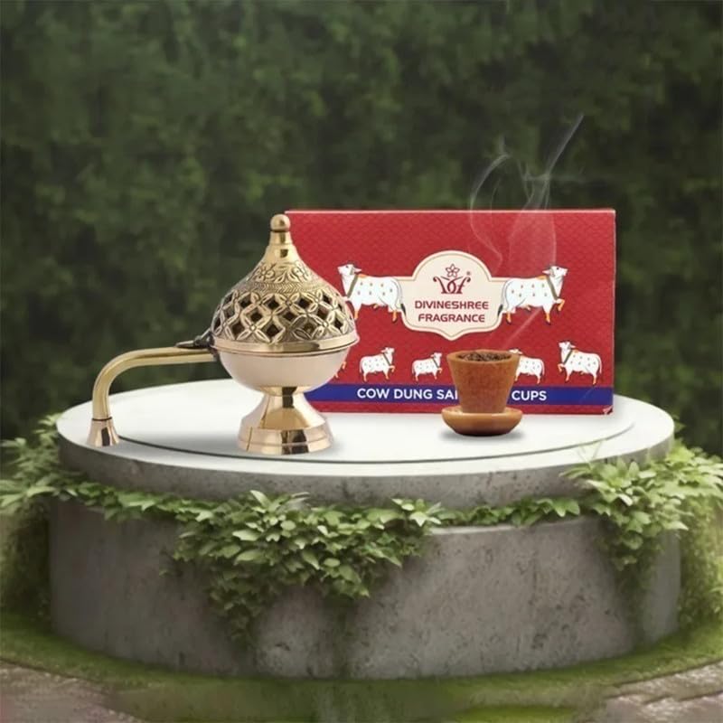 Brass Dhuni with Cow Dung Sambrani Cups Set | Traditional Sambrani Dhoop Cups with Holder for Pooja Rituals and Spiritual Use-image-4