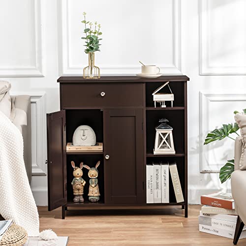 Weenfon Bathroom Cabinet, Floor Storage Cabinet With Doors And Shelves, Freestanding Coffee Bar Cabinet With Drawer, Modern Organizer Cabinet For Living Room, Bedroom, Bathroom, Kitchen, Espresso #TOP1