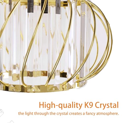 Image of Gold Crystal Ceiling Light Fixture - Small Crystal Chandelier Semi Flush Mount Ceiling Light Modern Hallway Lights fixtures for Entryway Bedroom Porch Kitchen (11 Inch, Bulb not Included)