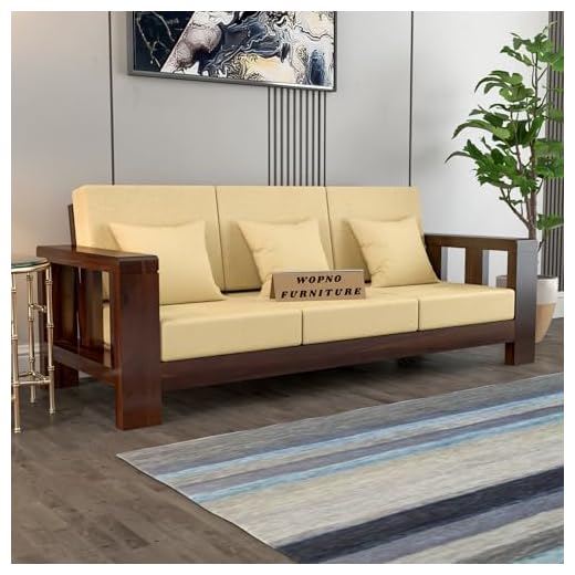Wopno Furniture Sheesham Wooden 3 Seater Sofa for Living Room | Solid Wood Sofa | Rosewood Sofa Set for Home & Office | Lounge (Walnut, 3 Seater)