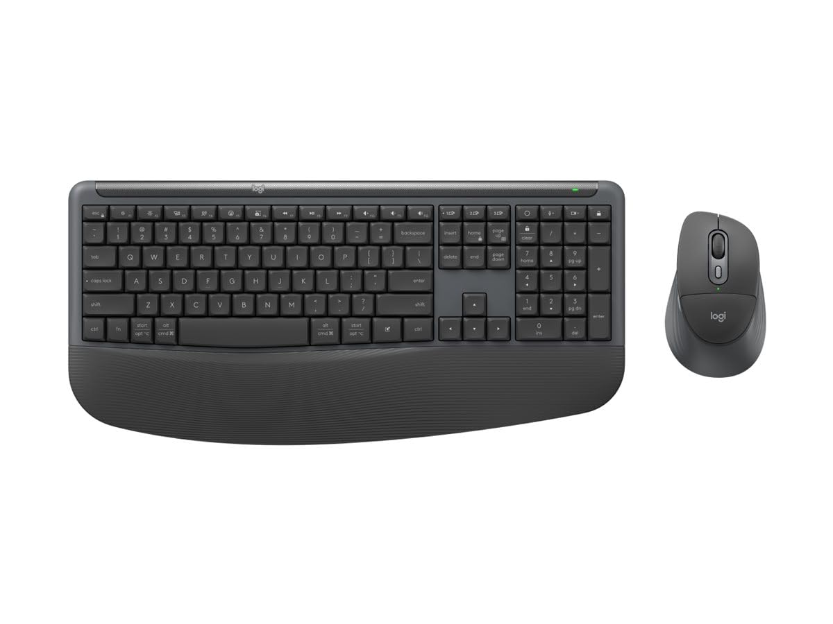 Logitech Signature Comfort Plus Combo MK880 bezprzewodowa klawiatura, mysz w standardowym rozmiarze, podkładka pod nadgarstek, ciche kliknięcia, bezpieczny odbiornik, Bluetooth, Windows/macOS, DEU