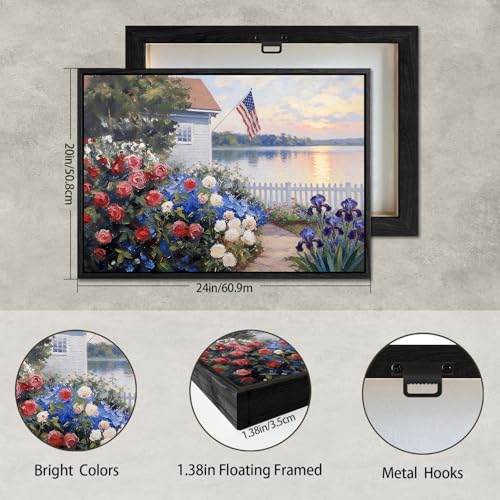 Image of American Flag Framed Canvas Wall Art, 4th of July Floral Canvas Prints, Summer Cottage Landscape Patriotic Decorations, Vintage Independence Day Wall Decor for Bedroom Living Room 20x24