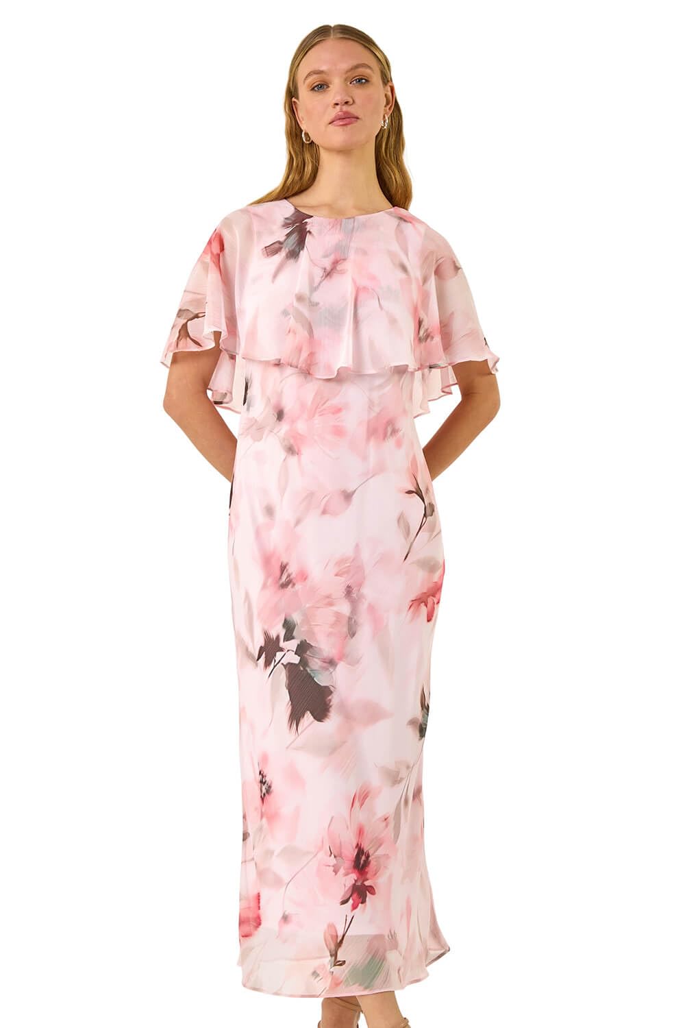 Roman Women's Floral Frill Chiffon Cape Midi Dress in Pink | Size: 12