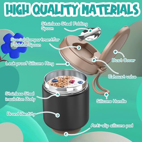 Image of Thermo for Hot Food Kids - 15.2oz, Leak Proof Insulated Food Jar, Soup Thermo, Insulated Lunch Containers, Termos Para Comida Caliente, Wide Mouth Lunch Box with Folding Spoon and Handle