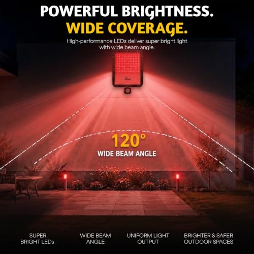 Image of Forus 200W LED Flood Light Red with Motion Sensor Auto On Off Day Night Mode Waterproof Outdoor Security Light for Garden Parking Garage Factory Warehouse Shop High Bright Floodlight 4Yr Warranty-1Pc