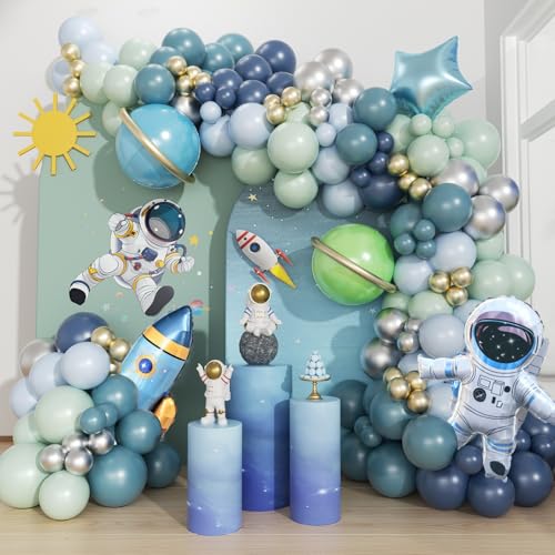 167pcs Space Balloons Arch Kit - Outer Space Party Decorations with Astronaut Rocket Blue Green Balloons for Baby Shower