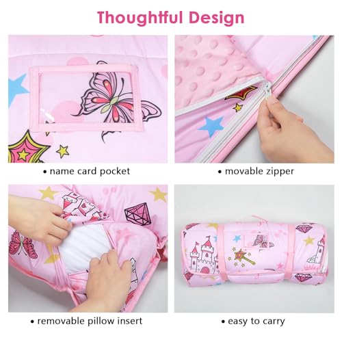 kids nap mat portable slumber bags with removable pillow and blanket for girls boys lightweight extra large sleeping bag for preschool camping daycare