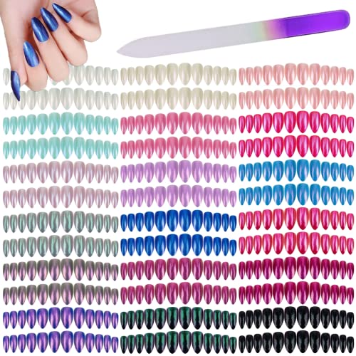 432Pcs Glitter Press on Nails Almond False Nails Nail Tips Kit Artificial Sequins Stiletto Fake nails Full Cover Fingernails with a Crystal Nail File for Nail Art (Magic Mirror Powder-FN18)