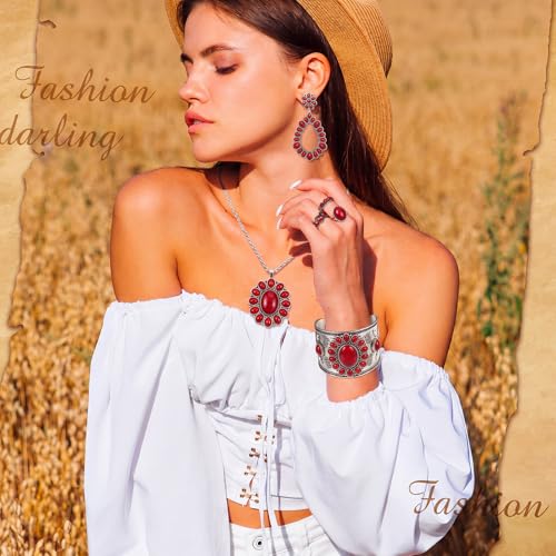 Image of Ecally Bohemian Western Jewelry Turquoise Set Women Country Pendant Long Choker Layered Bracelets Earrings Ring for Women