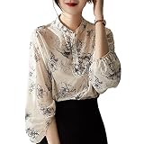 [ジェイスコット] 【在庫限り】 絵画風フラワープリントブラウス ノーカラー パフスリーブ シースルー 薄手 爽やか アイボリー JS46-IV-S
