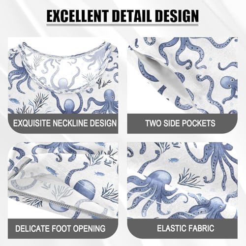 senya Blue Octopus Sea Grass Summer Pajamas Set Short Cotton Sleepwear 2 Piece4