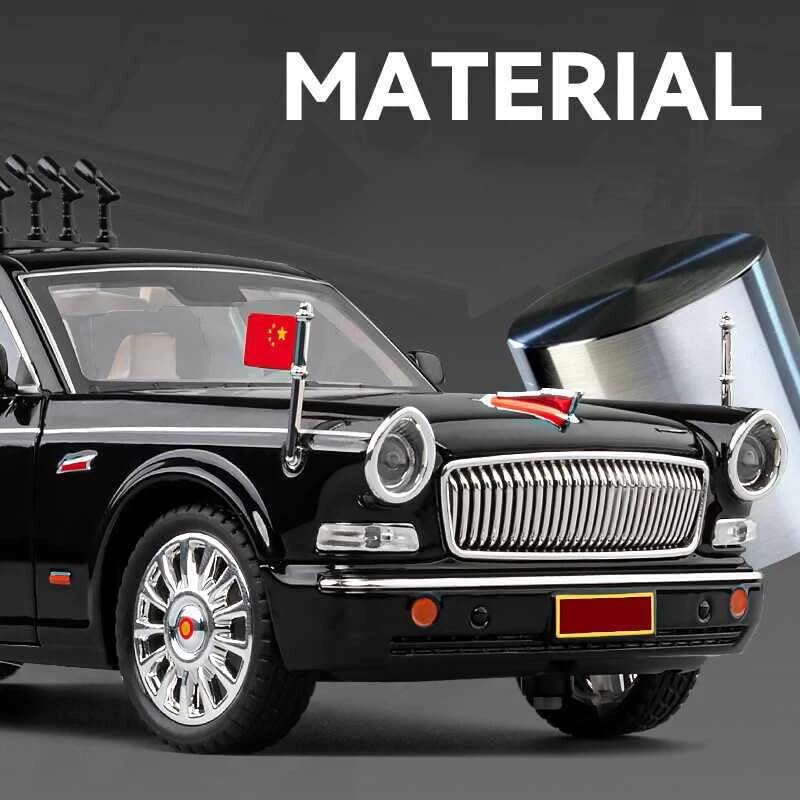 Image of 1:24 HONGQI L5 Military Parade Car Model | Diecast Metal Toy Car with Pull Back Action, Sound & Light | Openable Doors | Premium Vintage Sedan for Kids & Collectors