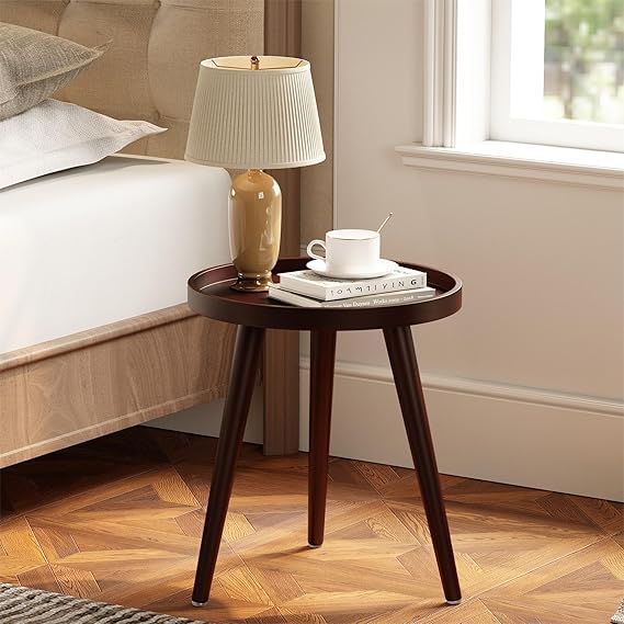 Image of Small Round Coffee Table, Modern Side Table with 3 Stable Legs, Multifunctional Sofa Side Table for Balcony Office (Full Brown)