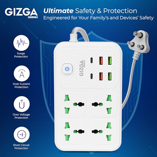 Image of Gizga essentials Power Extension Board with 4 Universal Sockets, 4 USB & 2 Type C Port| Socket with 2M Cord, Surge Protector, Child Safety, Anti-Flaming Body, 10A Output, 250V Multi Plug Adapter