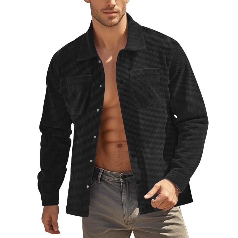 Men's Button Down T-Shirt Long Sleeve Vintage Trendy Corduroy Shirts Fall Lightweight Business Tops with Flap Pockets