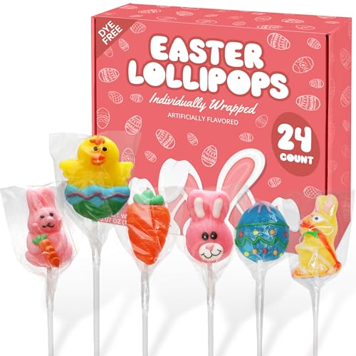 Easter Lollipops Candy Variety Pack Dye-Free - 24 Individually Wrapped Assorted Colorful Shapes Easter Suckers, With Bunny, Egg, Carrot Easter Suckers. For...