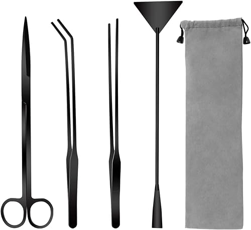 Aquarium Aquascape Tools Kit, 4 in 1 Anti-Rust Aquatic Plant Aquascaping Tool Stainless Steel Black Tweezers Scissors Spatula for Aquarium Tank Clean Fish Tank Aquascape Tools Sets (Black)