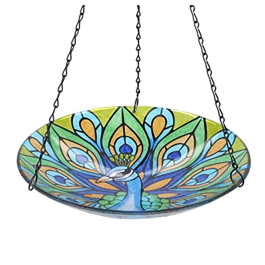 VCUTEKA Hanging Bird Bath Outdoor - Glass Bird Baths Sunflower Birdfeeder with 19 inch Rust-Proof Black Chain for Garden Yard Decor, Peacock
