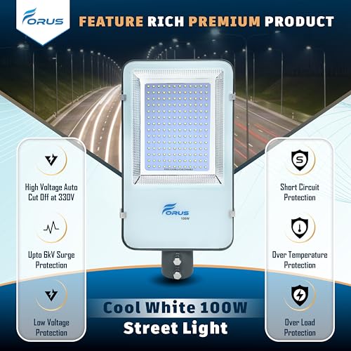Image of Forus 100W LED Street Light Outdoor with 4-Yr Warranty, High Lumen 120 lm /W Waterproof Cool White Light, Energy Saving Aluminium LED Street Lamp for Road, Parking Lot, Industrial Area Lighting (1 PC)