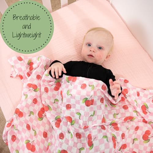 Image of LollyBanks 100% Cotton Baby Swaddle Blanket for Baby Girls, Gentle and Soft Muslin Swaddle, Lightweight 47 x 47 Inches Swaddling Blankets for Newborn, Baby Girl Newborn Essentials (Cherry Print)