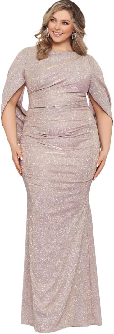 Betsy & Adam Women's Plus Size Long Glitter Cape Sleeve Dress with Draped Neckline and Hidden Back Zipper