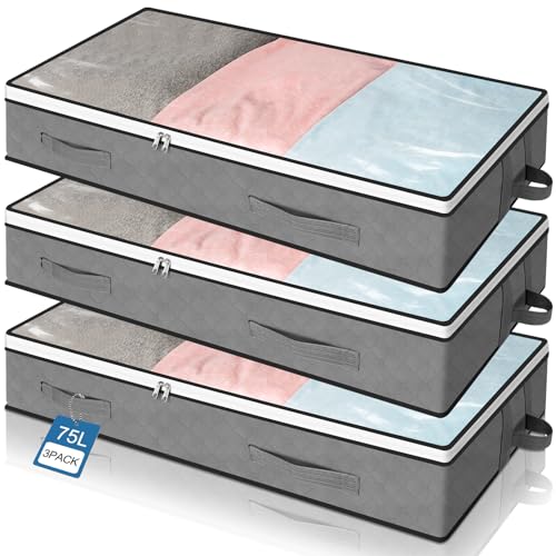 Cozary 3 Pezzi Contenitori Sottoletto 75L, Maniglia rinforzata, Finestra trasparente,
