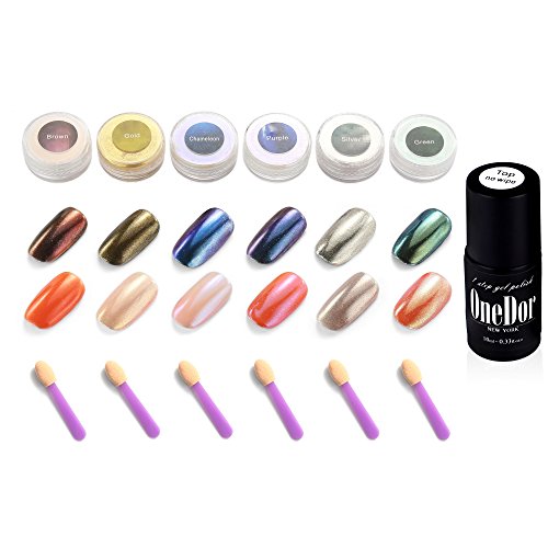OneDor Chrome Pigment Glitter Shinning Mirror Nail Powder (6 Colors w/No Wipe Top Coat)