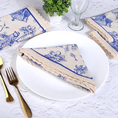 Fingercraft 12 Dinner Cloth Napkins Cotton Blend Blue Bird Print Premium Quality Mitered Corners With Elegant Natural Lace For Every Day Use Napkins Are Pre Shrunk And Good Absorbency Toile Lace thumb #3