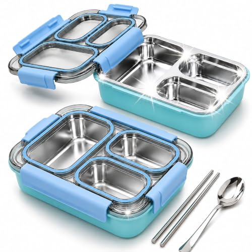 Image of Sanghariyat Bento Pro Lunch Box 710ml, 3 Compartment Stainless Steel Lunch Box with 100% Leak-Proof, BPA-Free Food-Grade Lunch Container with Spoon & Pair of Chopsticks for School Kids - Sky Blue