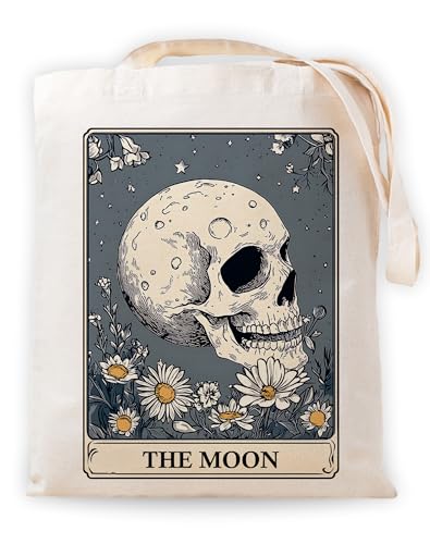 YOU FOUND ME Gothic Canvas Tote Bag Mystical Skeleton Tarot Retro Reusable Shoulder Tote Bag Gifts for Women Birthday Christmas (THE MOON)
