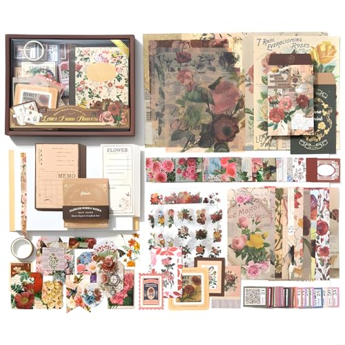 Image of RANDEN Flower Journaling Kit, 346PCS Vintage Scrapbook & Stationery Set with Aesthetic Stickers, Ephemera Pack and Journal Supplies for Bullet Journals, Planners, Albums & Creative Crafts (Flower)