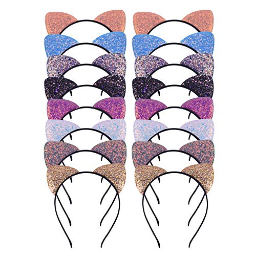 WXJ13 Cat Ears Headband 16 Pieces Glitter Powder Headband Cute Cat Ears Hair Accessories for Girls and Women