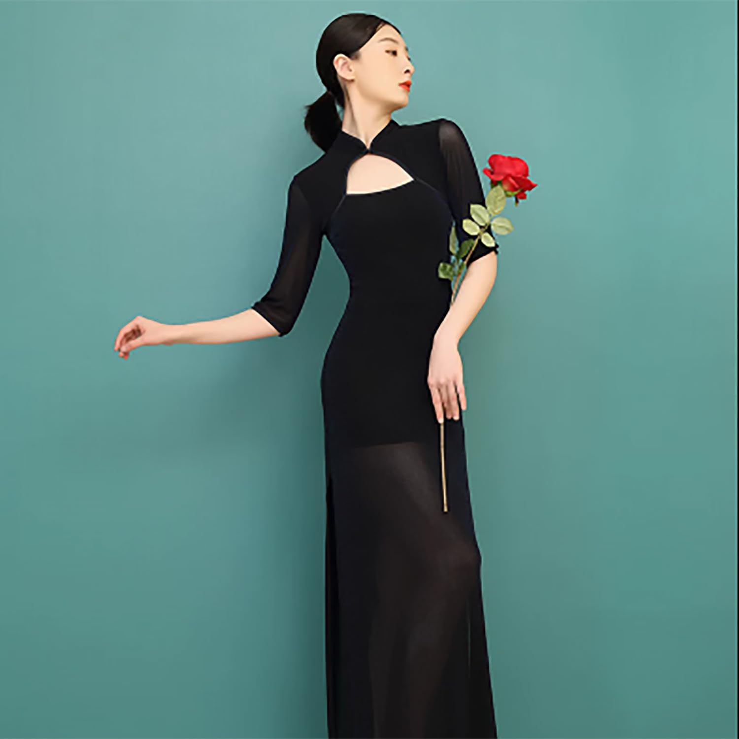 Tanzkleid Mit Lochmuster Qipao Orientalisches Tanzkostüm Mit Stehkragen Für Tänzerinnen Klassisches Cheongsam Mit Hohem Schlitz Elegant Und Anmutig