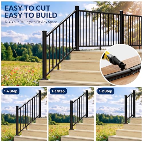 Image of Egadis 1 Pack 36 in. H x 4 ft. W Aluminum Stair Railing Kit with 2 Post, Black Textured Powder-Coat Finish Modular Aluminum Railing Kit for Outdoor Decks, Porches & Balconies (2 Post, 1 Panel)
