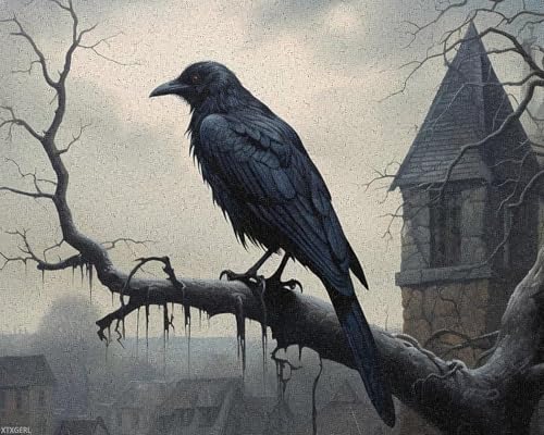 XTXGERL Old Castle and Black Crow Paint by Number DIY Painting Kits Home Decoration for Adults, 16x20in
