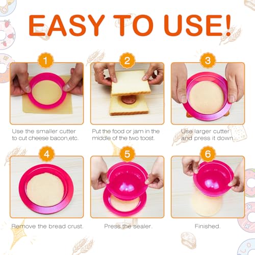 Image of Sandwich Cutter and Sealer - 5 PCS Decruster Sandwich Maker - Peanut Butter and Jelly Crustless Sandwich Bread Pancake Maker Cookie Cutter (Round Fuchsia and FruitPicks)