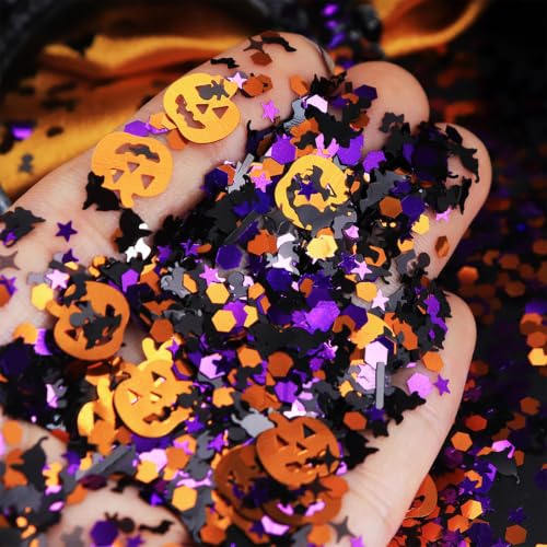 Halloween Pumpkin Nail Glitters Halloween Nail Art Sequins 3D Holographic Glitters Mixed Shape Confetti Skull Ghost Spider Bat Design Nails Glitters for Women Girls Face Body Nail Decoration