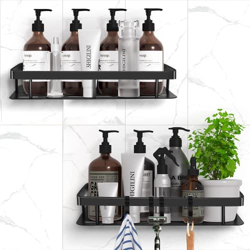 2Pack Adhesive Shower Caddy Bathroom Shower Organizer With 4 Hooks, Space Aluminum Shower Shelves - Rustproof Waterproof And Easy Mount #TOP4