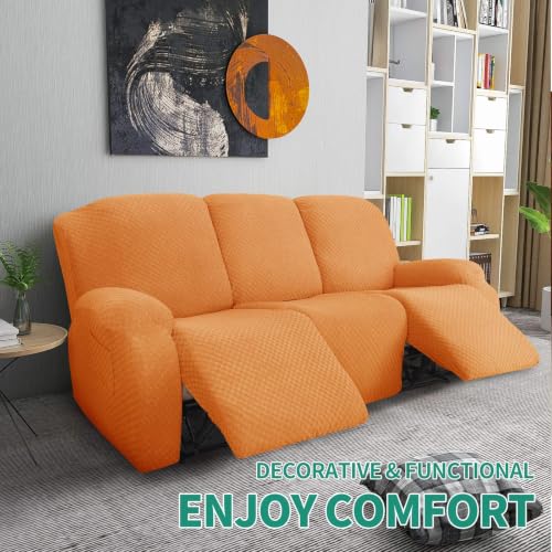 Image of YEMYHOM 8 Pieces Stretch Recliner Sofa Cover Jacquard Reclining Couch Cover with Side Pocket Anti-Slip Fitted 3 Cushion Furniture Slipcovers with Elastic Bottom (Sofa Recliner, Orange)