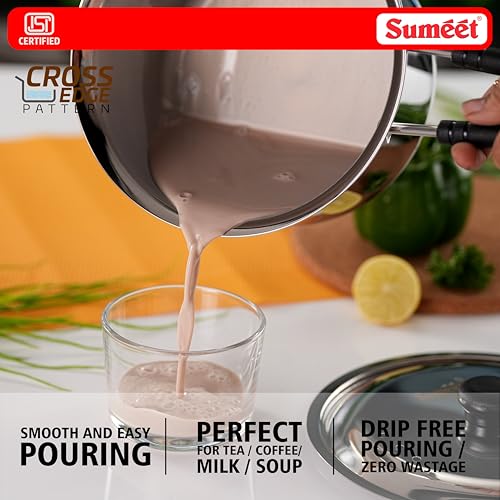 Image of Sumeet ISI Certified HeavyPly Premium Stainless Steel Cross Edge Induction & Gas Stove Friendly Saucepan /Milk Pan /Tea Maker with Lid - 1900ml