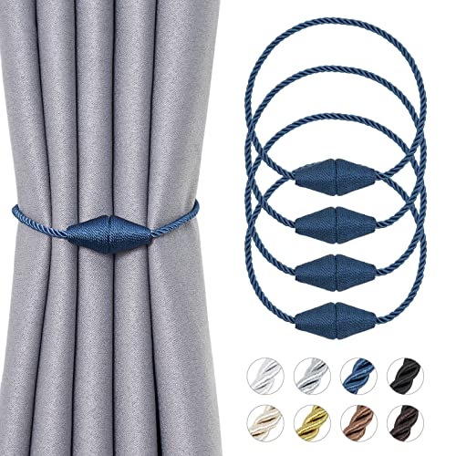 NICEEC 4 Pack Upgrade Magnetic Curtain Tiebacks 16 Inch Handmade Weave Rope Curtain Holdbacks Convenient Decorative Cone Curtain Drape Tie Backs for Home & Office Window Drapery (New Navy)