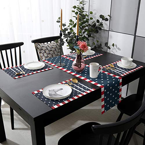 4Th Of July Independence Day Stars Table Runner And Placemats Set Of 6,Washable Table Mats For Wedding Farmhouse Holiday Dining Table Red And White Border Blue Back #TOP2