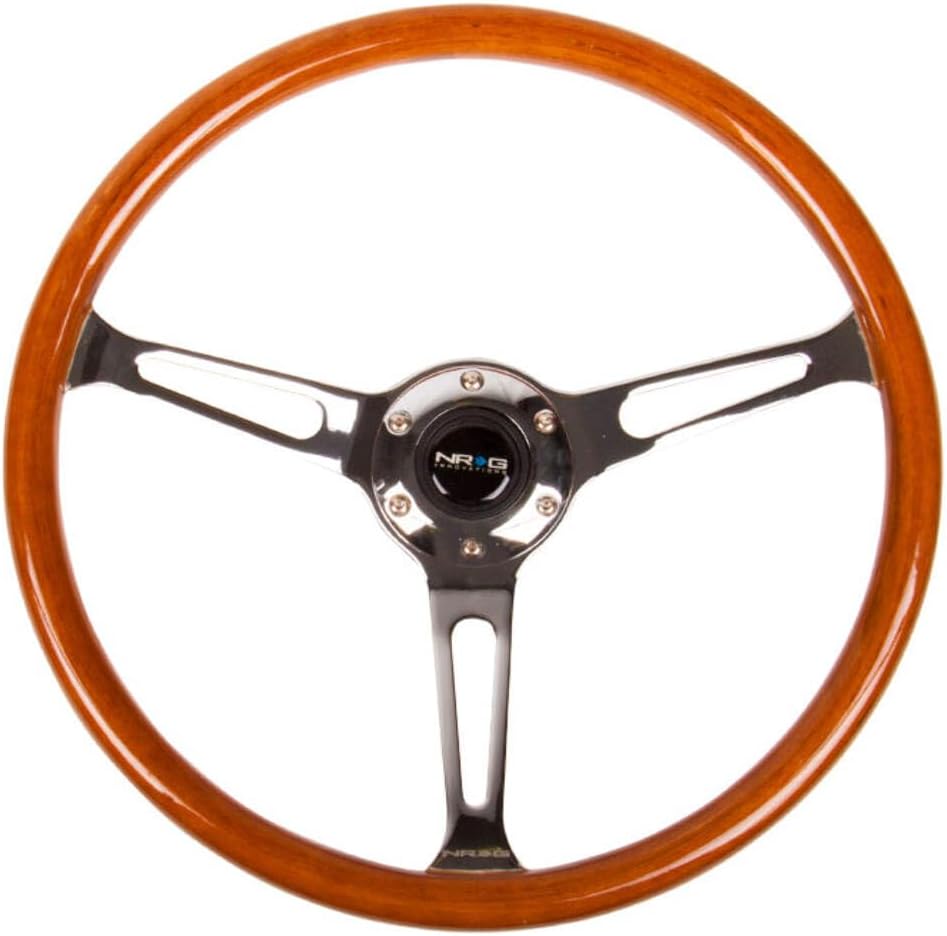 NRG Innovations NRG-RST-360SL Reinforced Classic Wood Grain Wheel, 360mm, 3 Spoke Center in Chrome, Custom Stained Mahogany