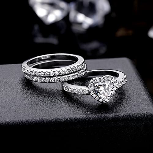 MDFUN Three-in-One Heart Halo Wedding Band Set Engagement Ring 18K White Gold Yellow Gold Plated Cubic Zirconia Promise Eternity Ring for Women Size 5-104