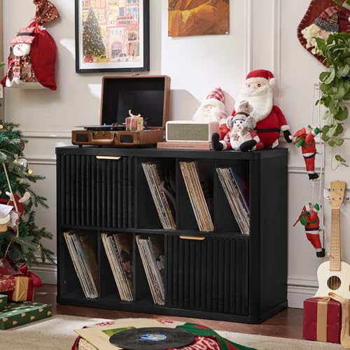 Image of LEYAOYAO Large Record Player Stand with Vinyl Storage Up to 450 Albums, Wood Fluted Boho Record Storage Accent Cabinet, Modern Stereo Media Cabinets, Wide Turntable Stand for Living Room, Black Oak