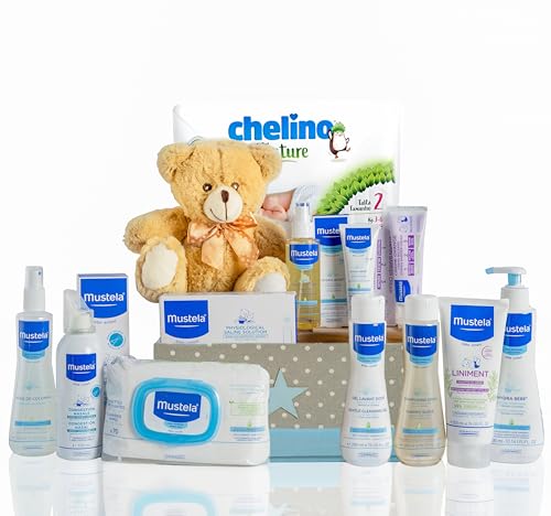 Mirifarma Canastilla Bebé Super Pack | Cesta Regalo Bebé y Recien Nacido | Higiene y Baño con Peluche Osito Beige, Gel, Champú, Colonia, Bálsamo, Aceite Masaje, Toallitas y Pañales (Azul)