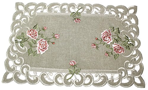 Doily Boutique Place Mat or Doily with a Pink Rose and Sage Green Burlap Linen Material, Size 11 x 17 inches