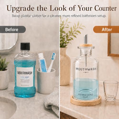 Image of Mouthwash Dispenser for Bathroom, 12 OZ Refillable Glass Mouthwash Bottle with Cup and Bamboo Tray, Decorative Mouth Wash Dispenser Set for Bathroom
