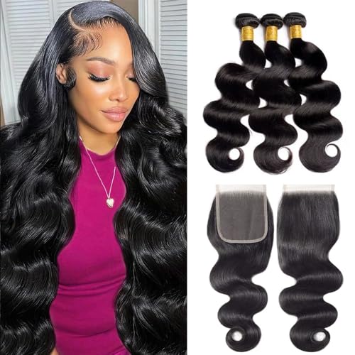 12A Body Wave Human Hair Bundles with Closure 20 22 24+18 Inch 100% Unprocessed Brazilian Virgin Body Wave 3 Bundles Human Hair with 4x4 HD Lace Closure for Women Sew in Quick Weave