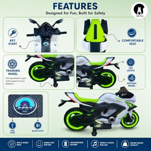 Image of LITTLE PUP Yamaha R9 Battery Operated Bike for Kids | Electric Bike for Child | LED Light & Music | Baby Ride on Toy Rechargeable Battery | for Kids to Drive 2 to 10 Years Boys and Girls (Green)